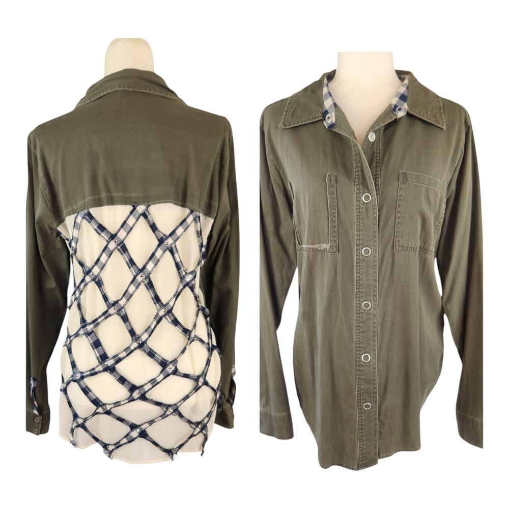 BKE Sheer Lattice Back Snap Front Top Medium Tattered Boho Cowgirl Green Western
